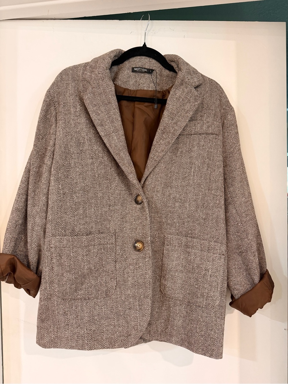 Nasty Gal Taupe Herringbone Oversized Blazer